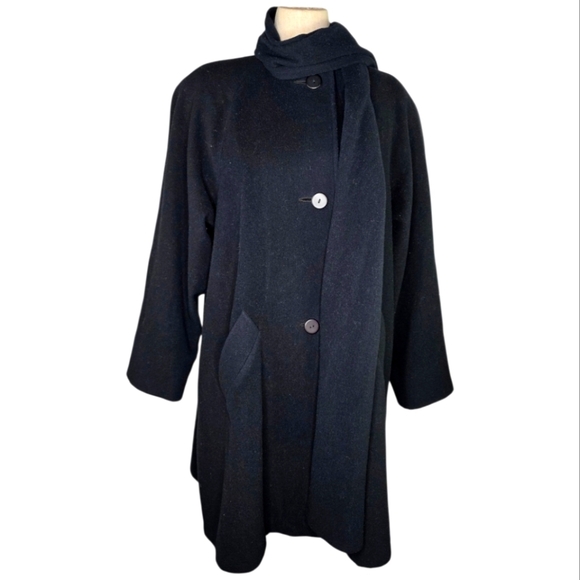 Vintage Larry Levine Black Wool Blend Coat w/ Attached Scarf Size 10 - Picture 5 of 10